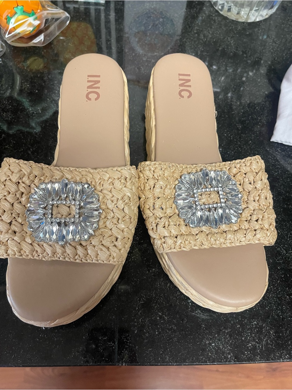 INC International Concepts Natural Raffia Slide Sandals with Crystal Accent